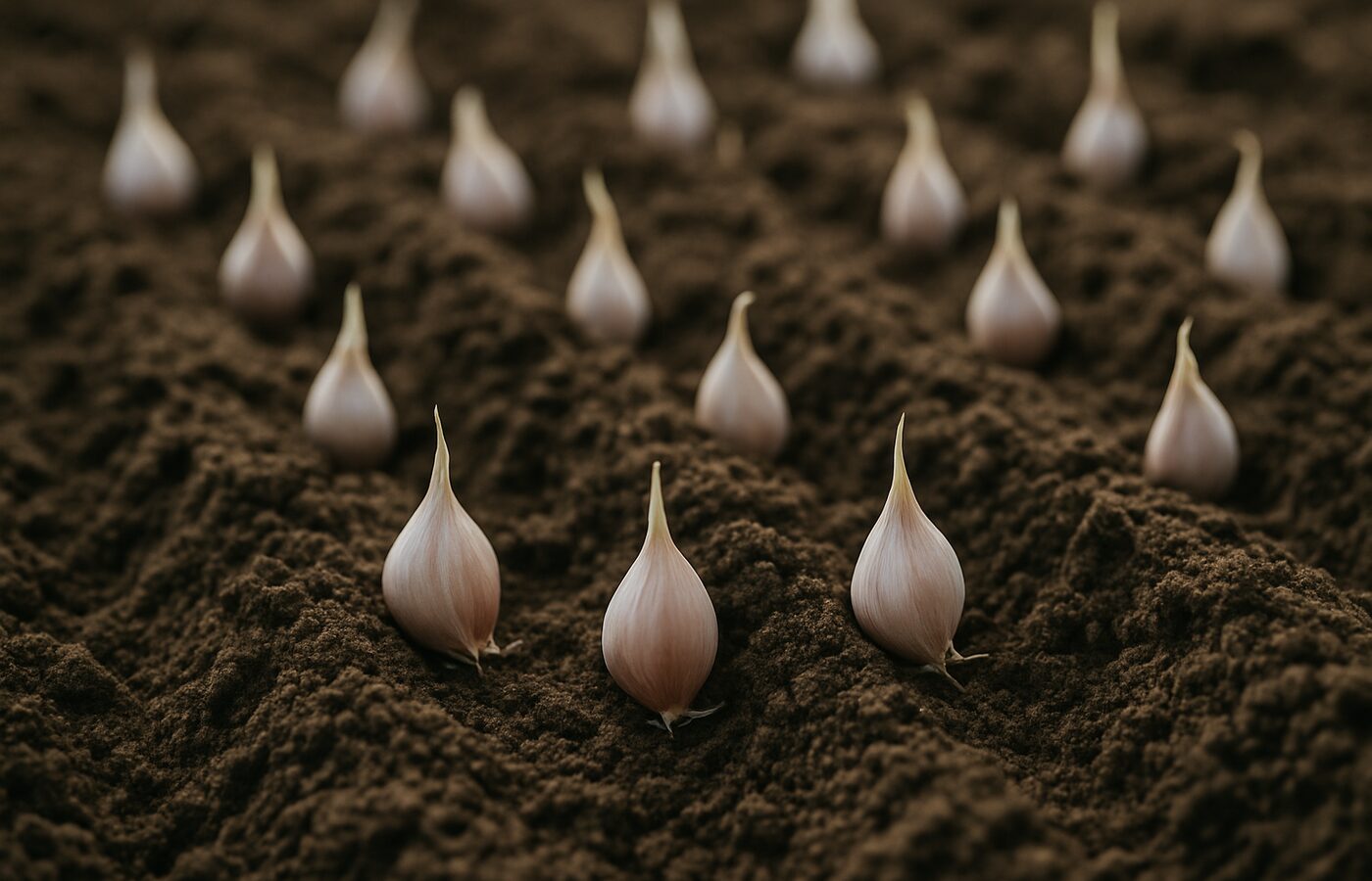 Dientes de ajo plantados en surcos con buena separación