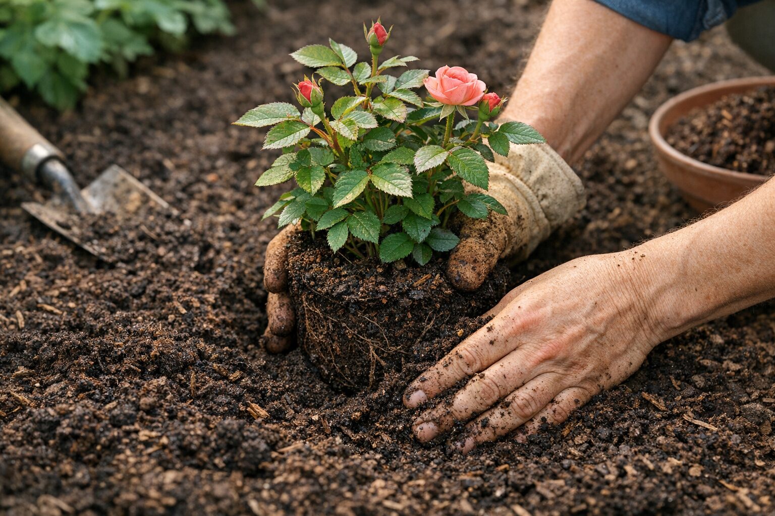 Plantación de rosal en suelo con compost